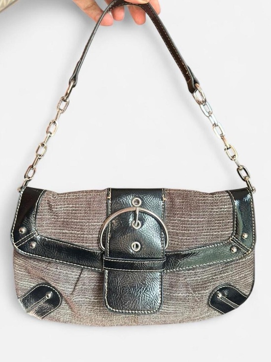 Merona Handbags - Vintage 2000s Merona Taupe and Black Shoulder Bag with Buckle and Chain Strap